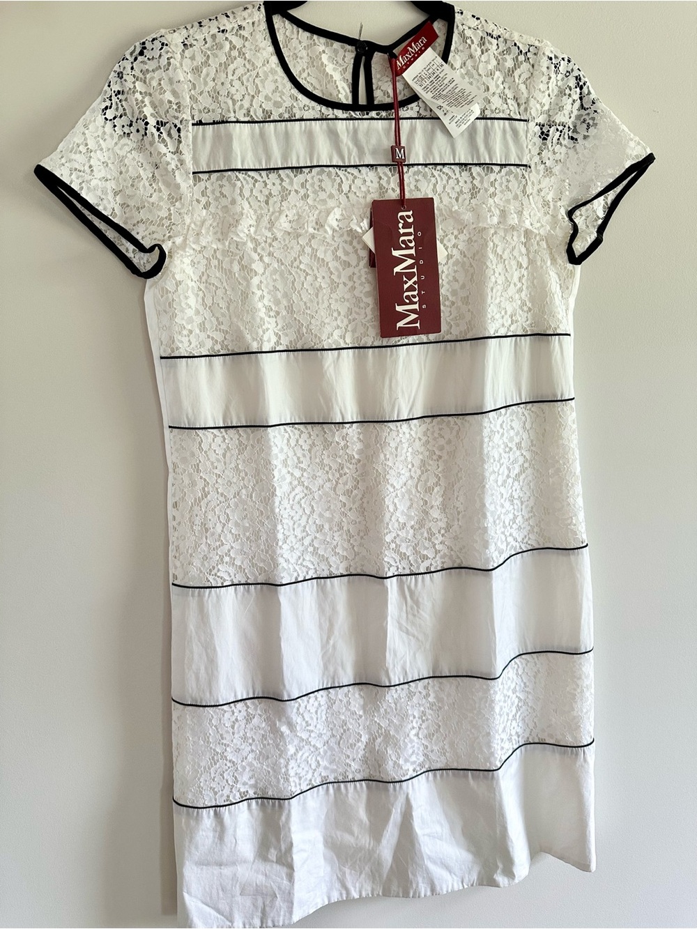 MaxMara Studio White Lace Dress with Black Trim USA 2